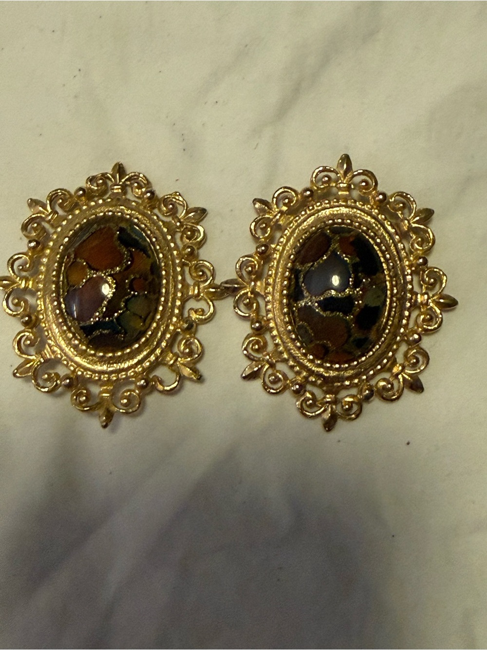 Gold Filigree clip  Oval Earrings with Multicolor Inlay